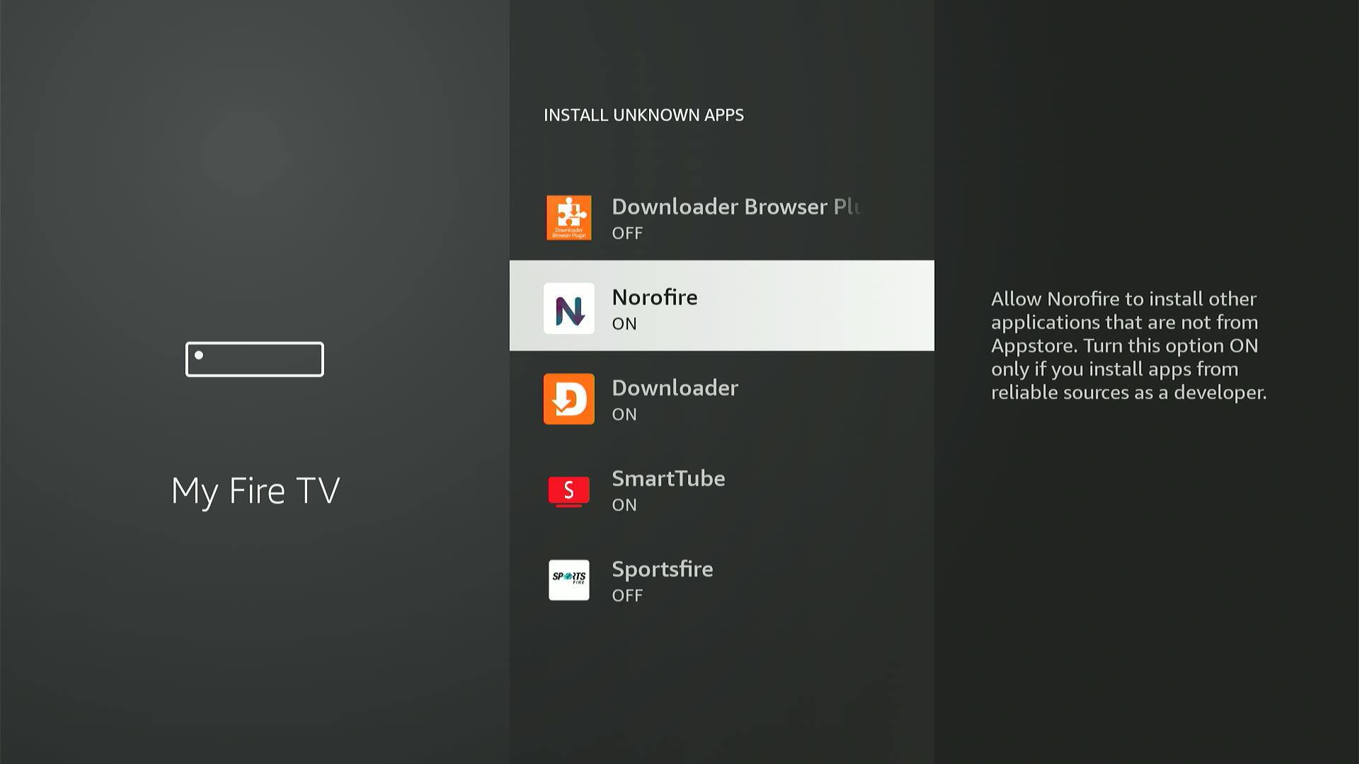 FireStick settings showing Norofire in Install Unknown Apps