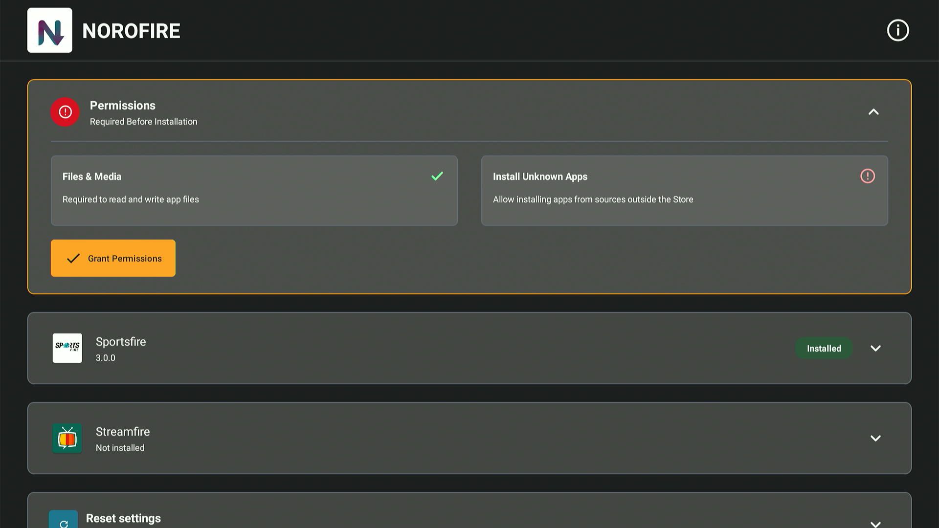 Norofire permissions screen